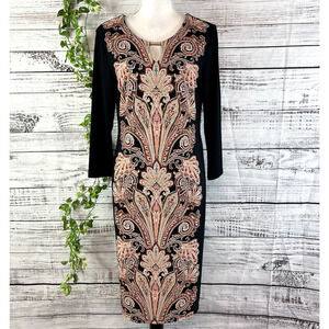 JM Collection DRess size Medium black Brown Paisley Straight Sheath Stretch Knee